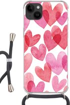 Geschikt voorApple Iphone 14 Plus - Crossbody Case - Een illustratie met hartjes van waterverf - Siliconen - Crossbody - Backcover met Koord - Telefoonhoesje met koord - Hoesje met touw