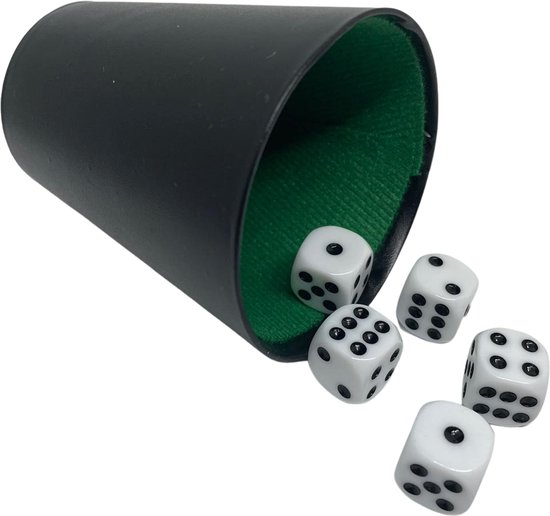 Thumbnail van een extra afbeelding van het spel Yathzee set met handige opbergzak - Dobbelspel - Scoreblok (100 vellen) in het Nederlands - 5 dobbelstenen - Pokerbeker | Perfect verjaardag of Kerstcadeau