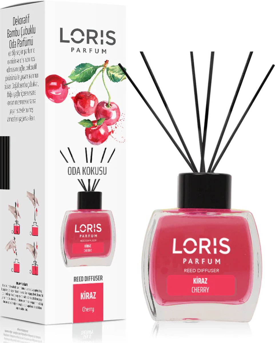 LORIS - Parfum - Geurstokjes - Huisgeur - Huisparfum - Cherry - 120ml - Design fles - Zwarte fiberstokjes