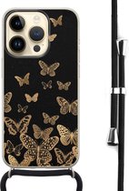 Hoesje met koord - Geschikt voor iPhone 14 Pro - Vlinders - Verstelbaar zwart koord - Zwart, Transparant - Print / Illustratie - Leuke Telefoonhoesjes