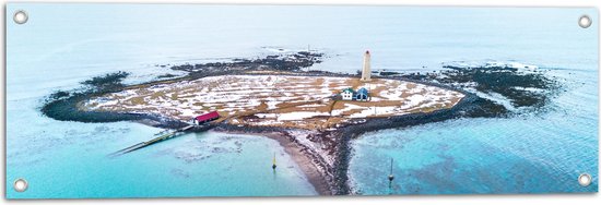 WallClassics - Tuinposter – Grótta Island Lighthouse in Seltjarnarnesbær, IJsland - 90x30 cm Foto op Tuinposter  (wanddecoratie voor buiten en binnen)