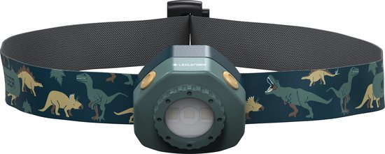 Groene hoofdlamp met dinosaurusprint en beige accenten, USB-poort zichtbaar.