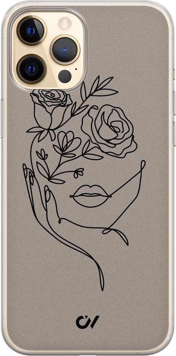 Hoesje geschikt voor Apple iPhone 12 - Oneline Face Flower - - Grijs - Apple - Casevibes