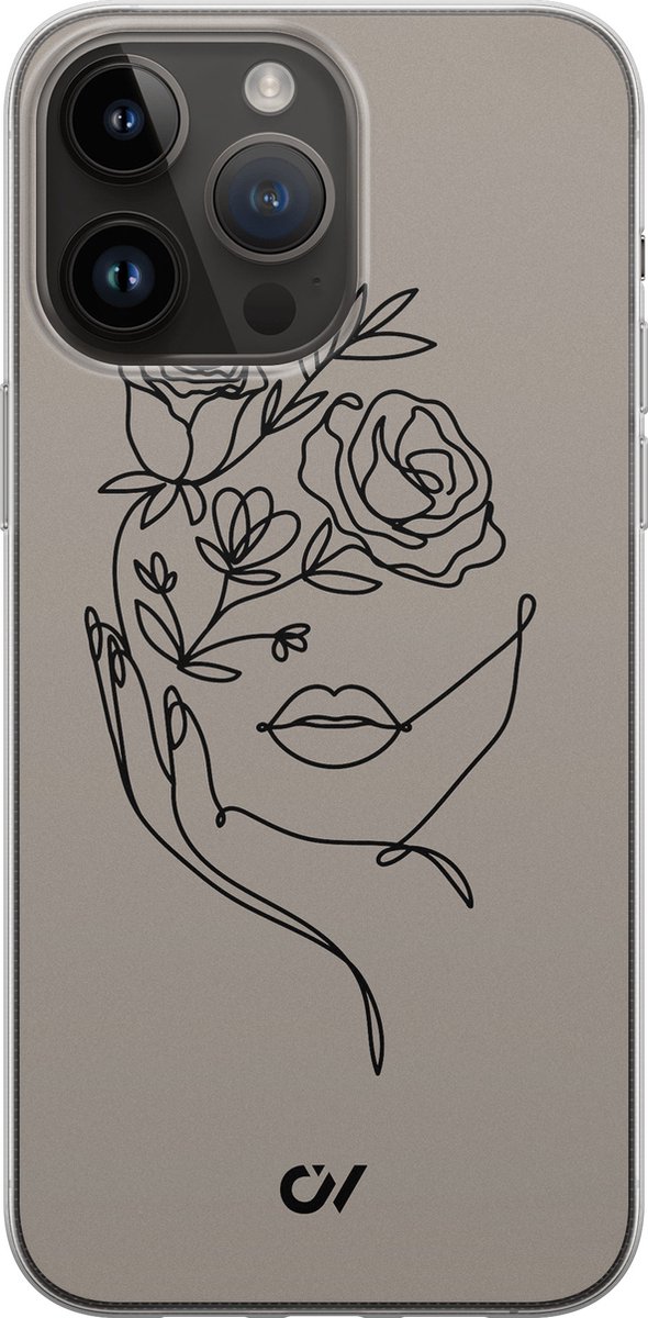 Hoesje geschikt voor Apple iPhone 14 Pro Max - Oneline Face Flower - - Grijs - Apple - Casevibes