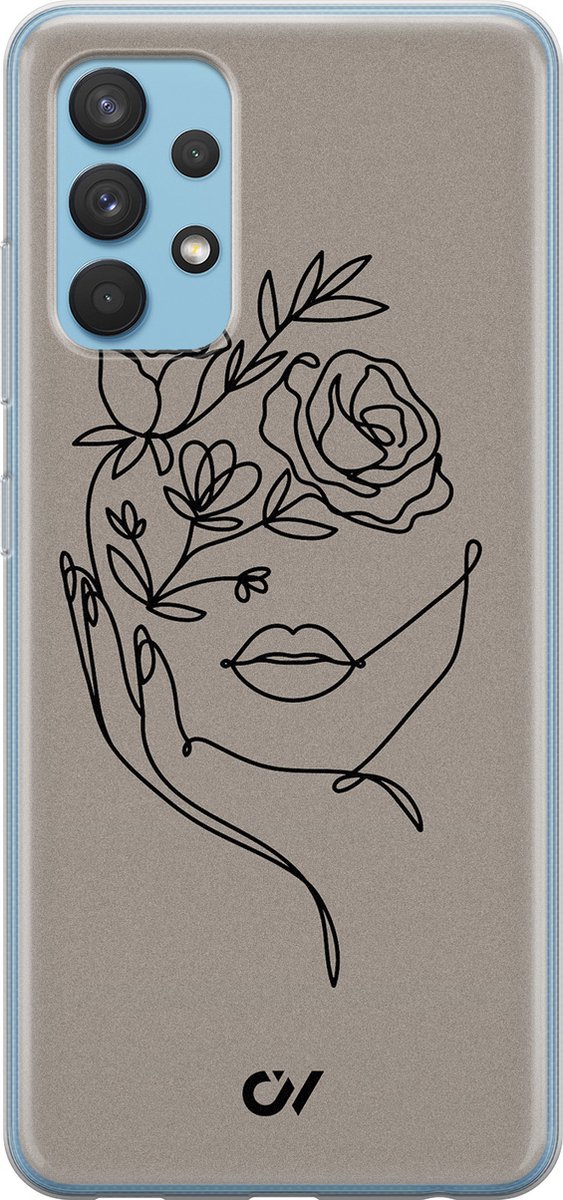 Hoesje geschikt voor Samsung Galaxy A32 4G - Oneline Face Flower - - Grijs - - Casevibes