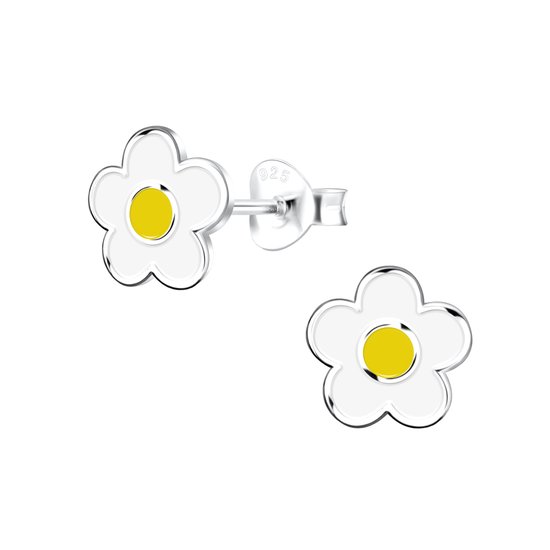 Joy|S - Zilveren witte bloem oorbellen - 8 mm - wit met geel - t32
