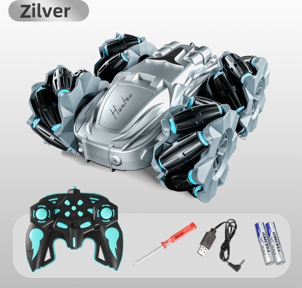 Huntex 2.4 GHZ RC 360 Stunt Car - Zilver - RC Voertuigen - Afstand Bestuurbare auto - Offroad - Volwassenen en Kind
