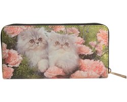 Een schattige en bijzondere portemonnee. Een mooie afbeelding van een poes tussen de bloemen in. De portemonnee heeft een ruime inhoud. Twee grote vakken, diverse vakjes voor pasjes en bonnetjes en een ritsvakje. Voor uzelf of Bestel Een Cadeau.