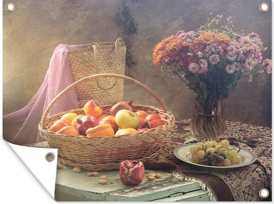 Muurdecoratie buiten Stilleven - Schilderij - Bloemen - Fruit - Appels - Druiven - Kunst - 160x120 cm - Tuindoek - Buitenposter