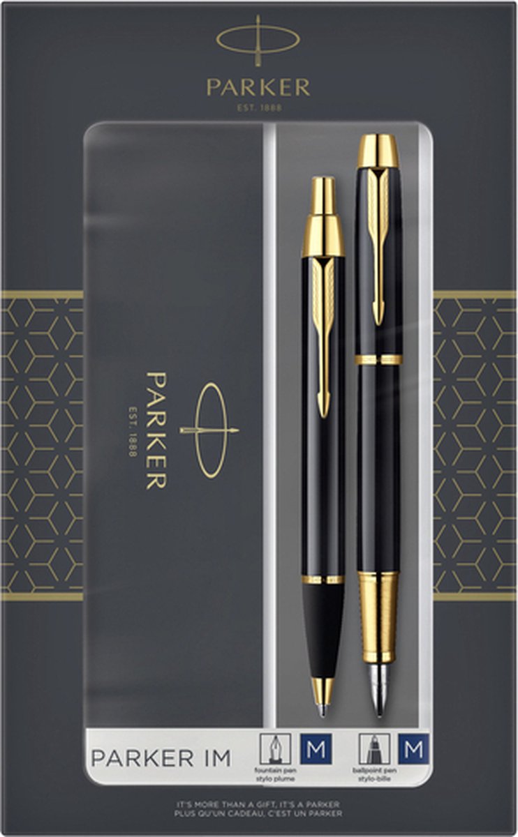 Set Penne Parker IM Duo – Stilografica E A Sfera Con Astuccio, Finitura Laccata Nera E Cromata, Punta Media, Regalo Di Laurea