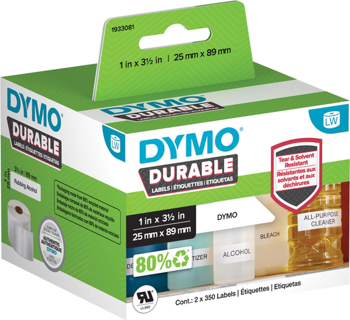 DYMO originele Duurzame LabelWriter labels | 25 mm x 89 mm | Witte Poly | 2 rollen met elk 350 labels (700 zelfklevende etiketten) | Stevige labels voor de LabelWriter labelprinters
