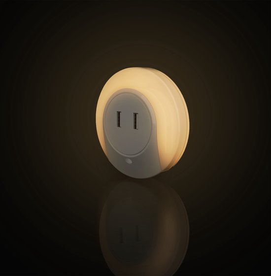 Nachtlampje rond warmwit + 2x USB poort | dagnachtsensor - aan/uit/automatische schakeling | 3000K - 0.4 Watt - 8 Lumen - 230V