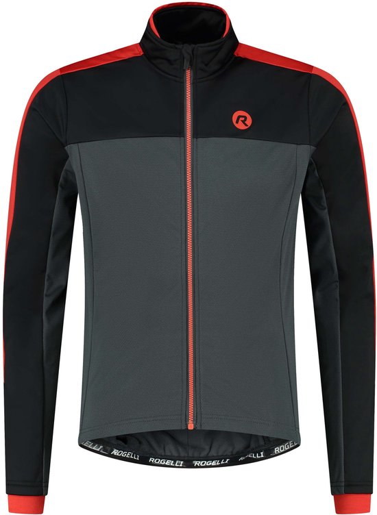 Zwart en grijs fietsjack met rode accenten op de schouders en zijkanten. Rode ritssluiting. Rogelli logo op borst.
