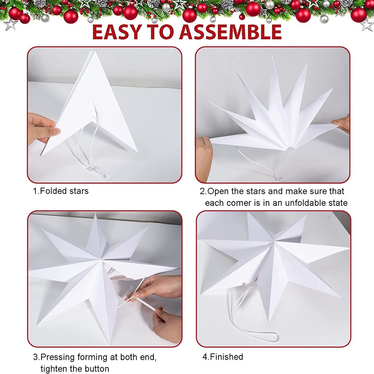 Wishstar Papieren sterren Kerstmis, vouwsterren, wit, papieren ster om op te hangen, papieren kerstster, decoratieve ster voor ramen, huis, feesten, bruiloften (3 stuks