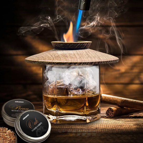 MikaMax Whisky Smoker - Appareil à fumer - Set complet - 4 pièces - Incl. 4 Arômes, Briquet, Brosse de Nettoyage et Grillage