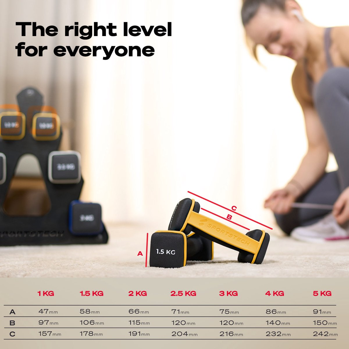 Sportstech dumbbells met band | dumbbell set van 2 gewichten:  2 x 1,5 kg | dumbbells voor vrouwen, mannen en kinderen | Set voor thuis en buitenshuis | optie: dumbbell rack