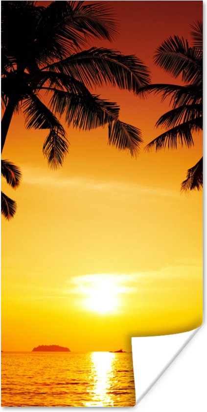 Poster Palmboom - Zonsondergang - Strand - Oranje - Tropisch - 40x80 cm