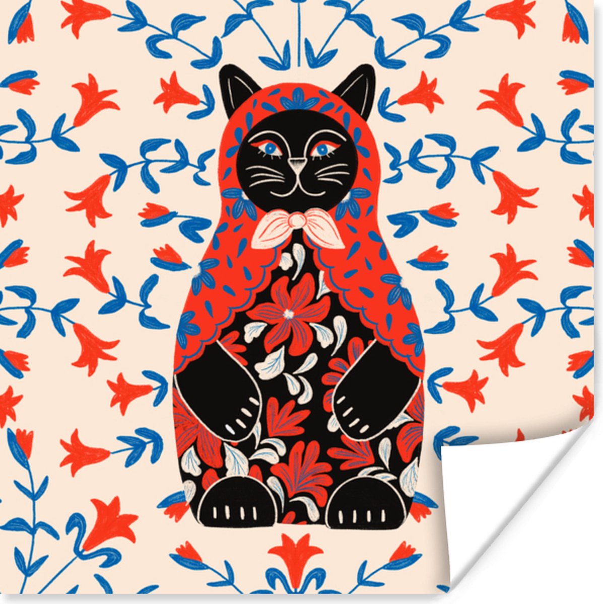 Poster Matroesjka - Bloemen - Kat - 75x75 cm