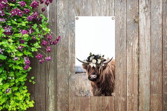 Affiche de jardin Highlander écossais - Fleurs - Animaux - 40x80 cm