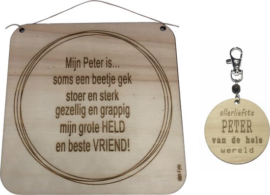 Sleutelhanger en tekstbord Mijn PETER is....? | liefste peter | beige|peter vragen | peter worden | coolst peter