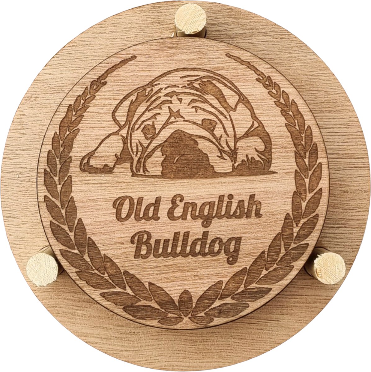 K9 World by van der Veeke, onderzetters met Old English Bulldog, gegraveerd op hout