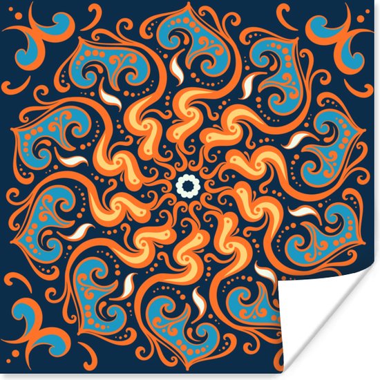 Vierkant patroon met een oranje mandala op een donkere achtergrond 30x30 cm - Foto print op Poster (wanddecoratie woonkamer / slaapkamer)