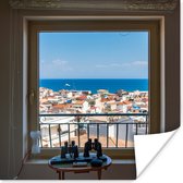 Poster Uitzicht op de zee vanuit een raam in Griekenland - 75x75 cm