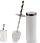 Berilo - WC-/toiletborstel houder 38cm met zeeppompje 350ml wit/zilver
