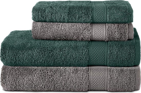Komfortec Handdoekenset 2x handdoek 50x100 cm + 2x badhanddoek 70x140 cm - 100% Katoen - Antracietgrijs&Donkergroen