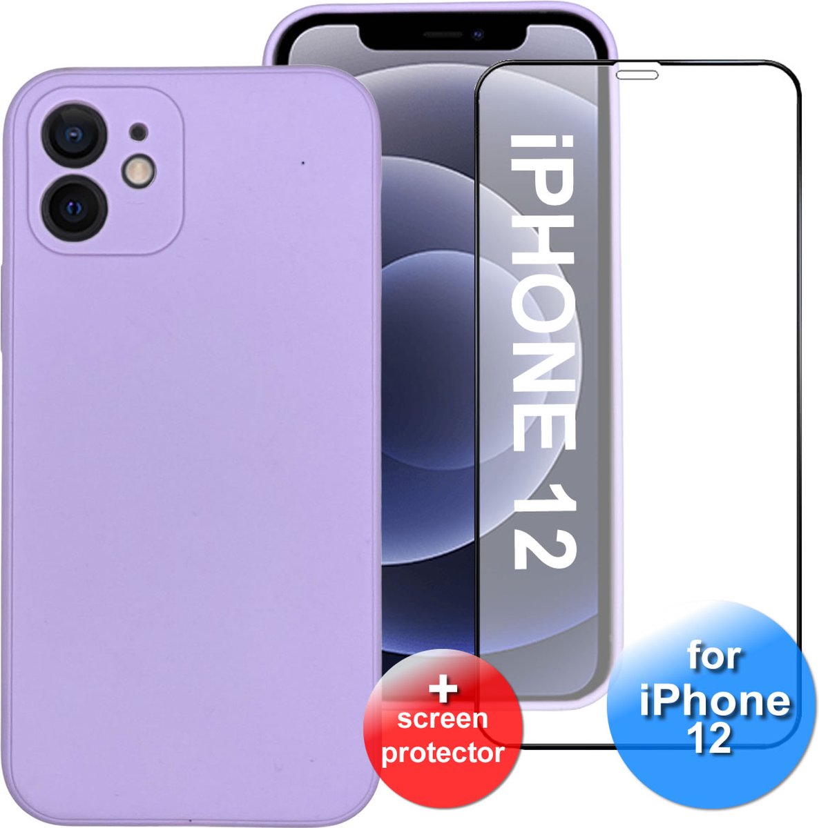 iPhone 12 - Telefoonhoesje - Siliconen - met Screenprotector- iPhone 12 Hoesje - iPhone 12 telefoonhoesje - Lila Paars