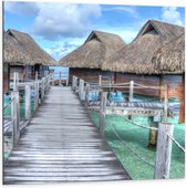 WallClassics - Dibond - Strandhuisjes Bora Bora - 100x100 cm Foto op Aluminium (Met Ophangsysteem)