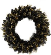 Verlichte kerstkrans Shimmery Golden Black Bristle - zwart - Ø 61 cm - 50 ledlampjes - met gouden glitter