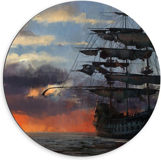 WallClassics - Dibond Muurcirkel - Groot Piratenschip op Zee met Zon - 60x60 cm Foto op Aluminium Muurcirkel (met ophangsysteem)