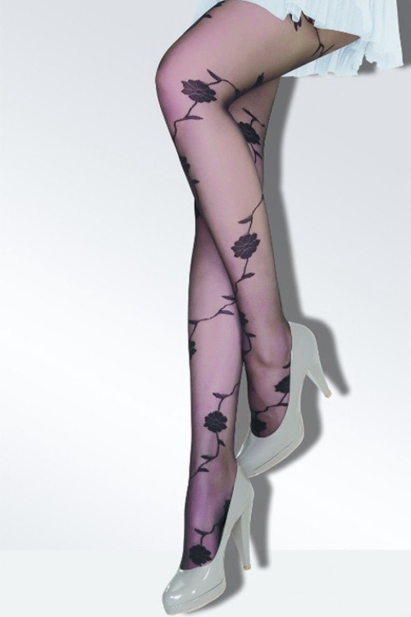 Daymod Fantasie Selen Met Vintage Bloemenprint - Luxe Dames Panty 15 Denier - ZWART - Maat S