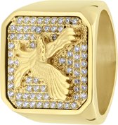 Lucardi Heren Gerecycled stalen goldplated zegelring adelaar met zirkonia - Ring - Staal - Goudkleurig - 21 / 66 mm