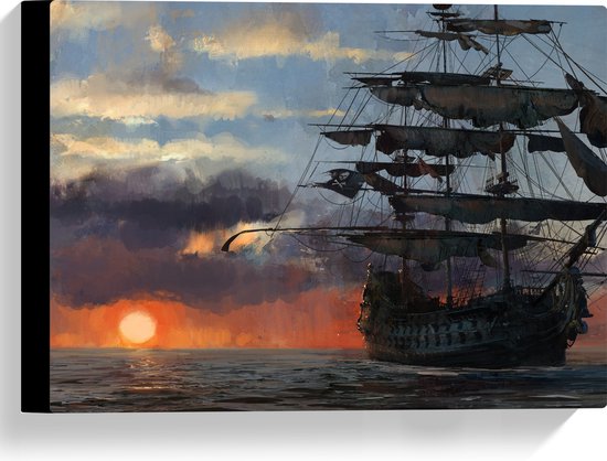 WallClassics - Canvas  - Groot Piratenschip op Zee met Zon - 40x30 cm Foto op Canvas Schilderij (Wanddecoratie op Canvas)