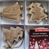 8 Houten kerstboomhangers - 4 kerstboompjes en 4 kerstklokken - houtkleur kersthangers voor kerstboom