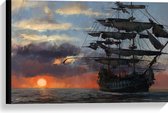 WallClassics - Canvas  - Groot Piratenschip op Zee met Zon - 60x40 cm Foto op Canvas Schilderij (Wanddecoratie op Canvas)