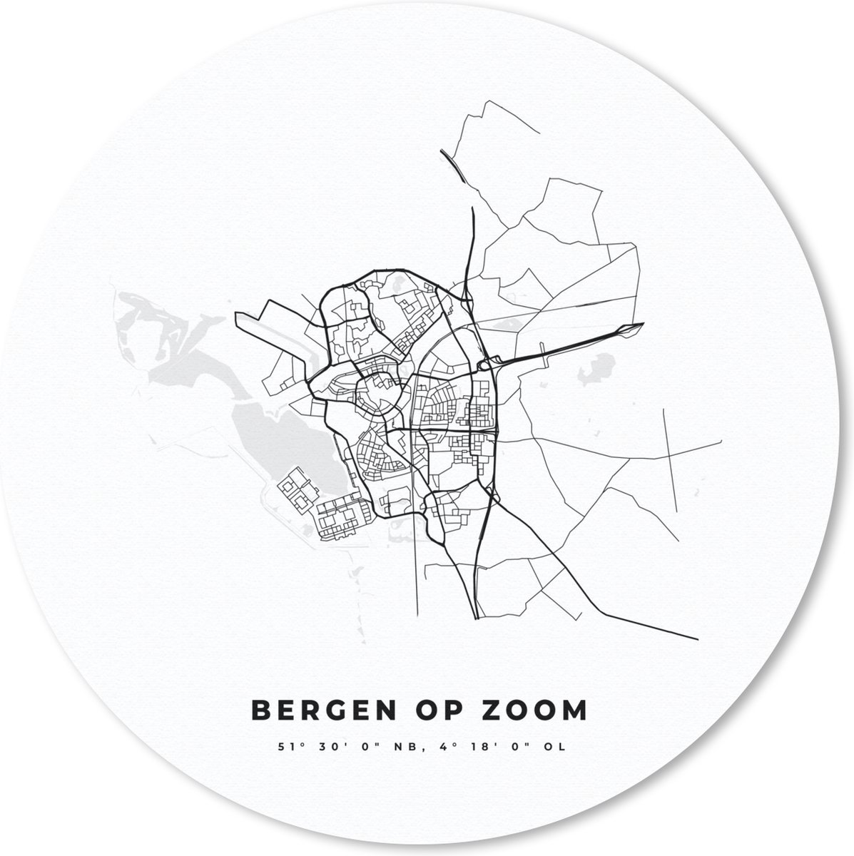 Muismat rond 50x50 cm - Mousepad Kaart – Plattegrond – Stadskaart – Bergen op Zoom – Nederland – Zwart Wit - Ronde muismatten - Stadskaart