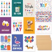 Partizzle 36x Verjaardagskaarten met Envelop Set - Leuke Verjaardag Kaarten - Ansichtkaarten Versturen - Mannen Vrouwen - Kinderen en Volwassenen - 15x10 cm
