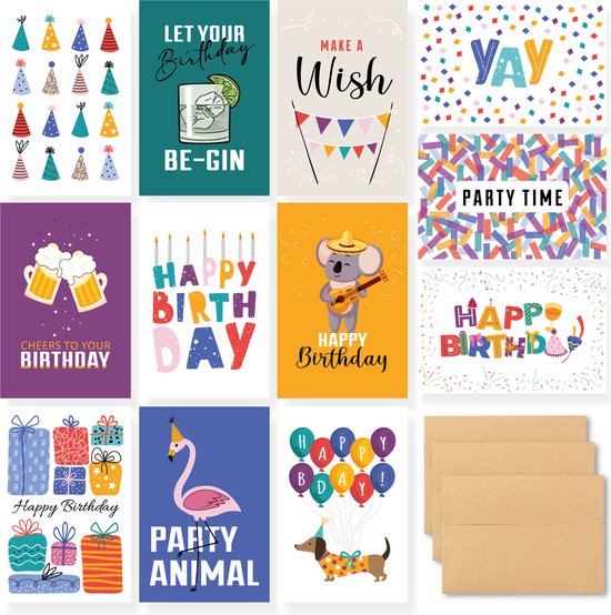 Partizzle 36x Verjaardagskaarten met Envelop Set - Leuke Verjaardag Kaarten - Ansichtkaarten Versturen - Mannen Vrouwen - Kinderen en Volwassenen - 15x10 cm cadeau geven