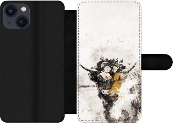 Étui pour téléphone iPhone 13 Bookcase - Highlander écossais - Peinture - Fleurs - Avec compartiments - Étui portefeuille avec fermeture magnétique