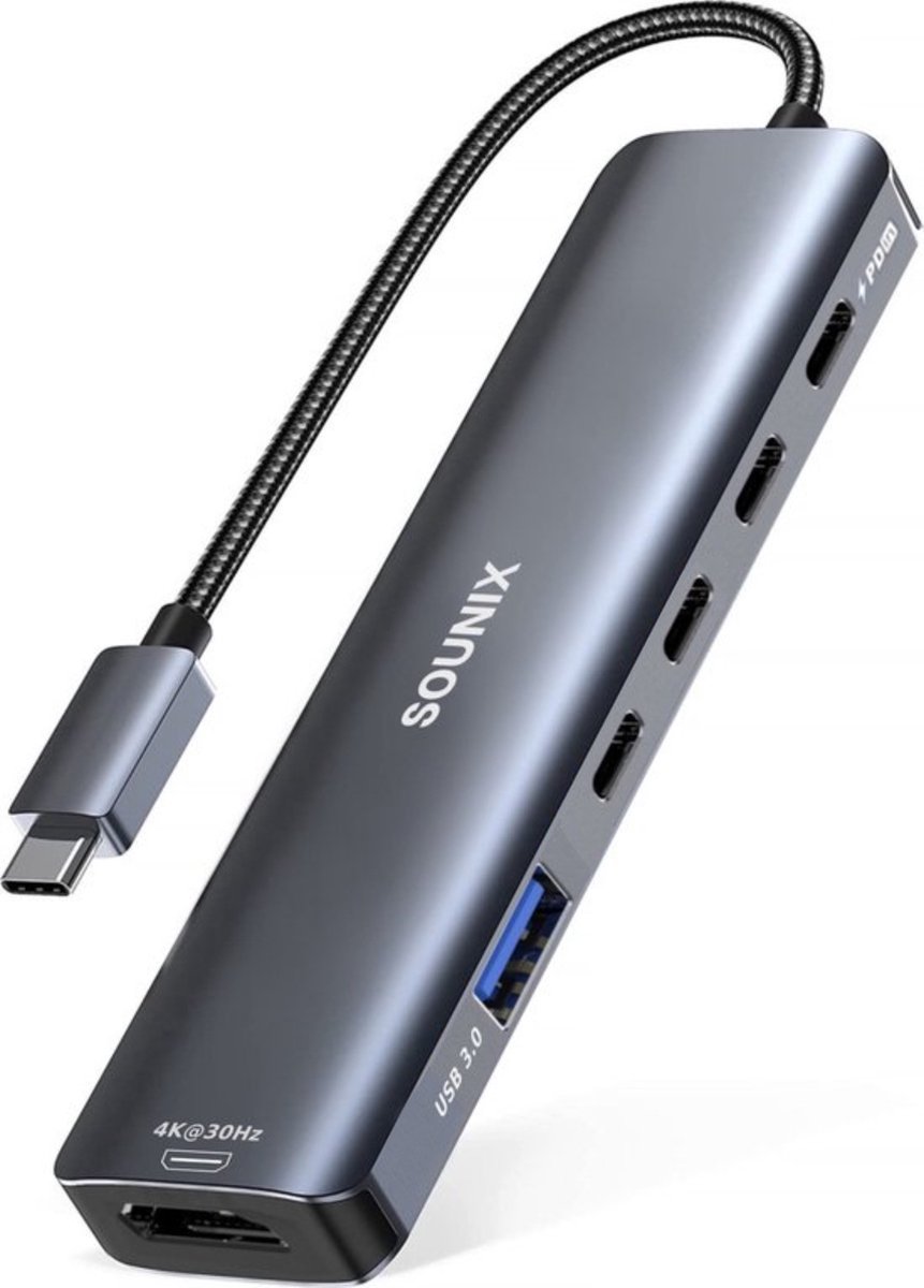 Sounix USB C HUB 6 in 1 - HDMI 4K - USB 3.0 - USB C Oplader 100W - 3*USB C Data