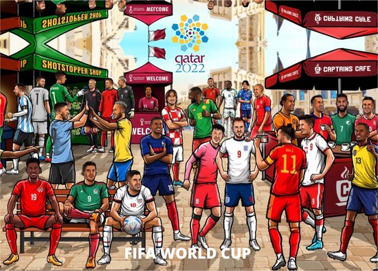 Poster WK 2022 - Bekende voetballers - Mbappé - Cristiano Ronaldo - Kevin De Bruyne - Neymar - Messi - Hoogwaardig glans - Geschikt om in te lijsten - 60x42cm - Voetbal - WK voetbal 2022 - FIFA - Sport - Cadeau