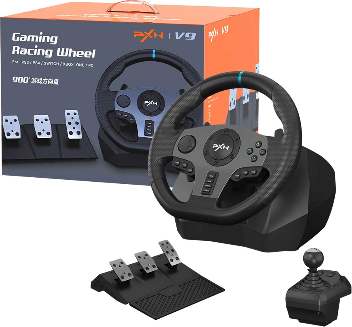 PNX V9 Pro Race Stuur - Dual Force Feedback - Driving Force Racing Wheel - Game Stuur geschikt voor PS4, Xbox One, Xbox Series, Nintendo Switch & PC - App Control