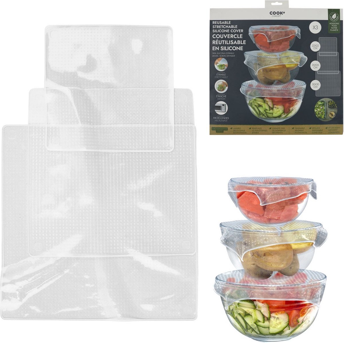 Cook Concept - Set van 3 - Herbruikbare Siliconen Vershoud Deksel - Stretch afsluitdeksel - Verschillende maten - Transparant