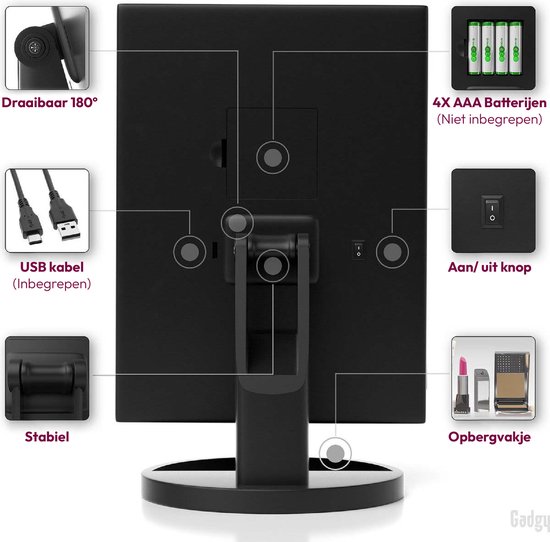 Gadgy de maquillage Gadgy avec éclairage - Triptyque avec miroir grossissant - Cosmétique / Miroir de maquillage - Miroir grossissant - Éclairage LED à intensité variable - 22 LED - Rotatif à 180 ° - Fonctionne sur piles / USB - Comprend un câble USB
