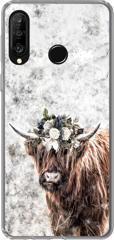 Coque Huawei P30 Lite - Highlander écossais - Imprimé marbré - Fleurs - Coque en Siliconen téléphone -