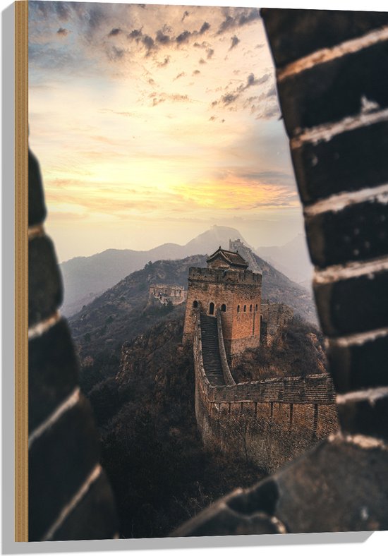 WallClassics - Hout - Chineese Muur vanuit het Raam - 50x75 cm - 12 mm dik - Foto op Hout (Met Ophangsysteem)