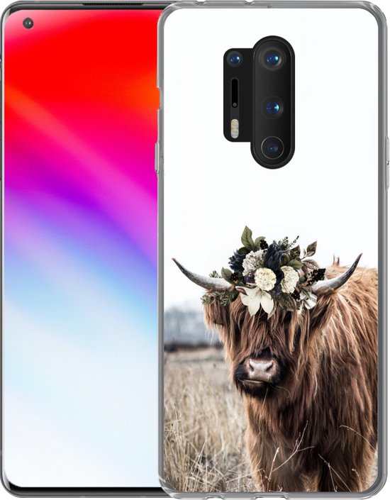 OnePlus 8 Pro - Highlander écossais - Fleurs - Animaux - Coque de téléphone en Siliconen